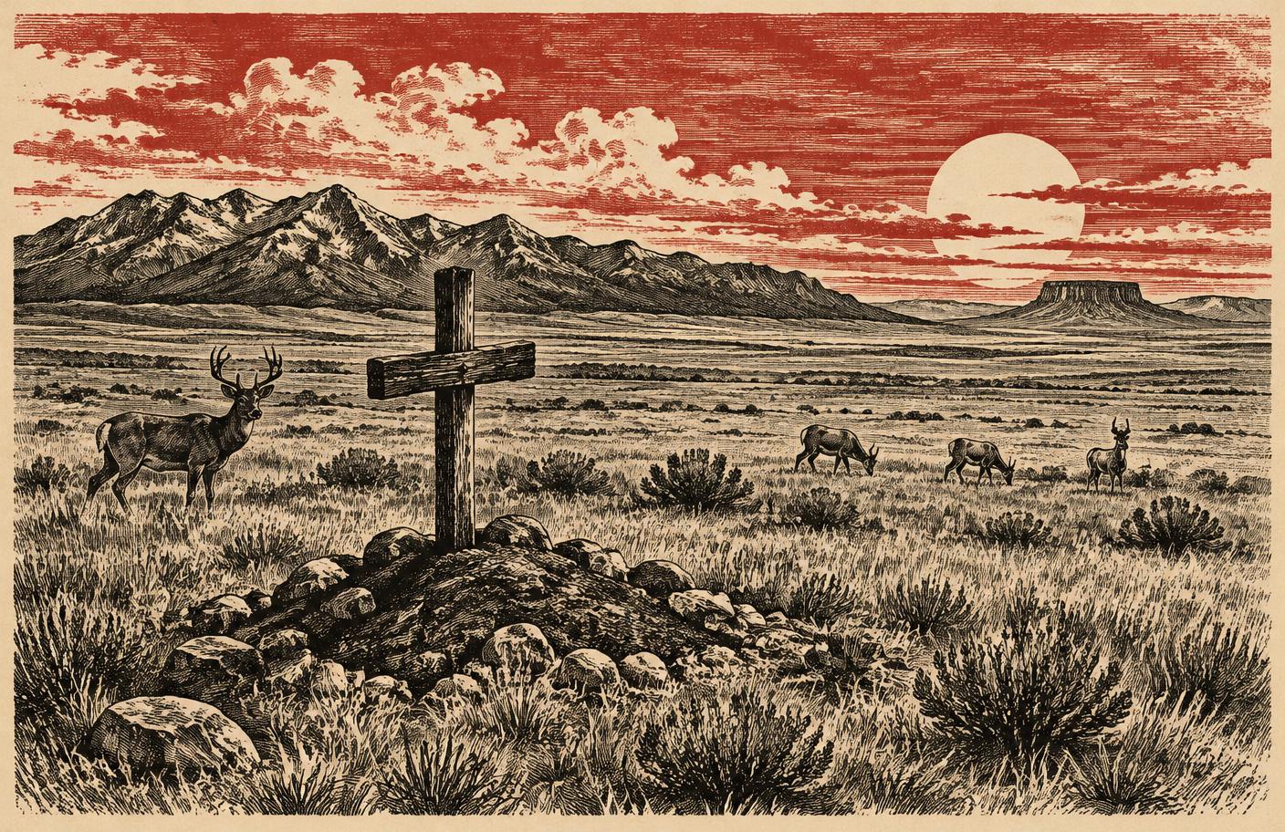 Engraving of a lone grave marker on the Wyoming prairie with deer and antelope