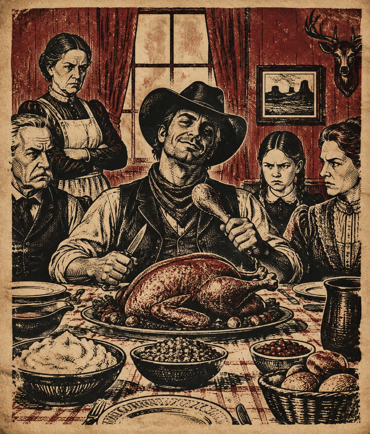 Woodcut illustration of a smug cowboy carving the turkey while his family glares